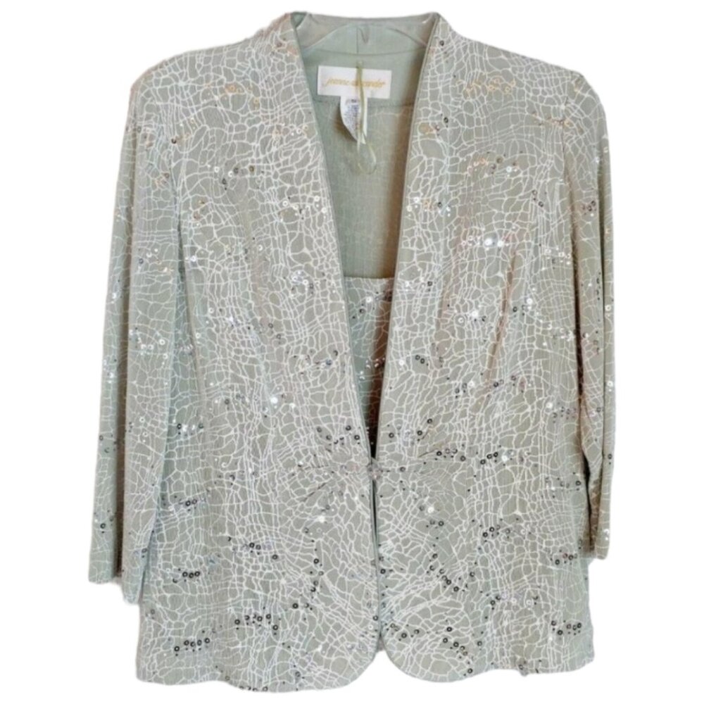 Jeanne Alexander 2 Piece Set Jacket Tank Top Sparkle Sequin Green Silver SMALL